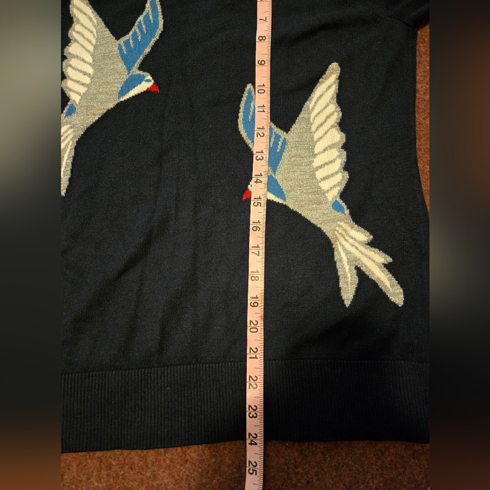 Loft Navy Blue Sweater Size Small Metallic Outlined Birds - Picture 8 of 9